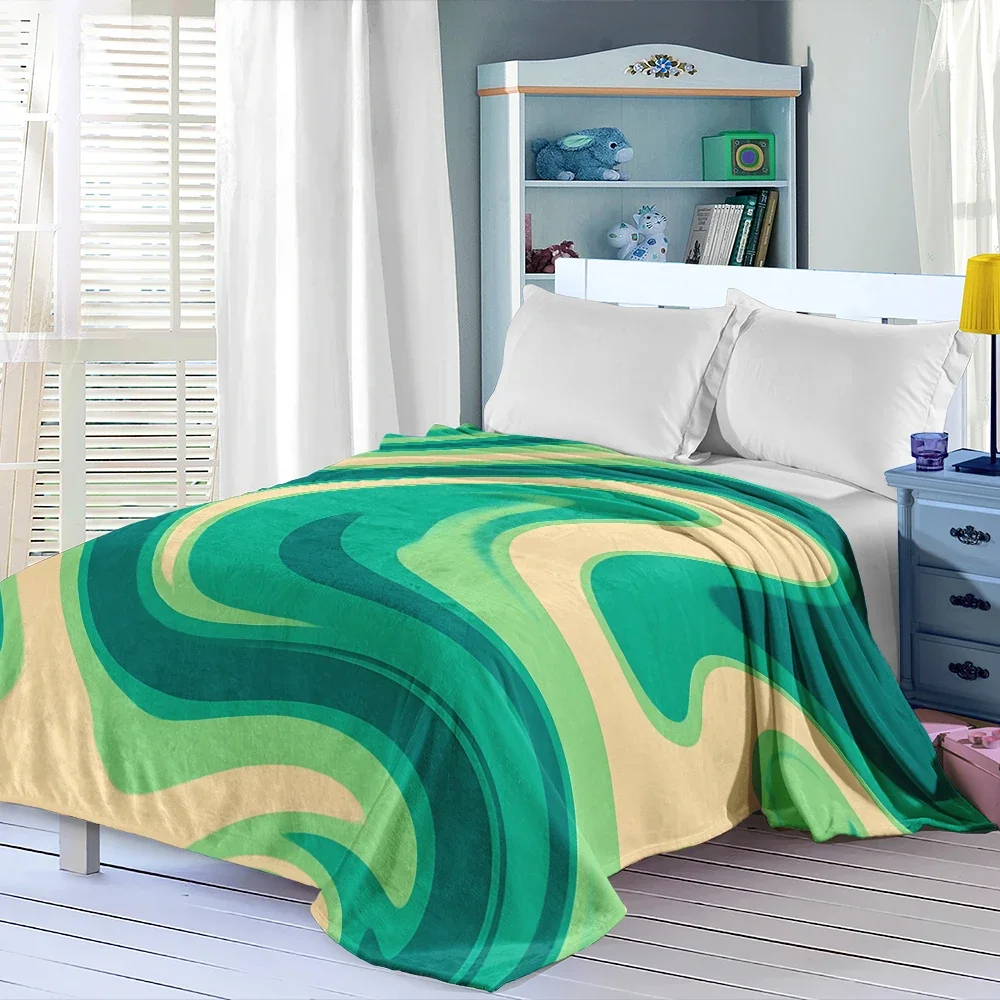 Green Beige Fluid Swirl Lightweight Flannel Blanket Breathable Cozy Throw Blanket for Spring Summer Sofa Bed Air Conditioning