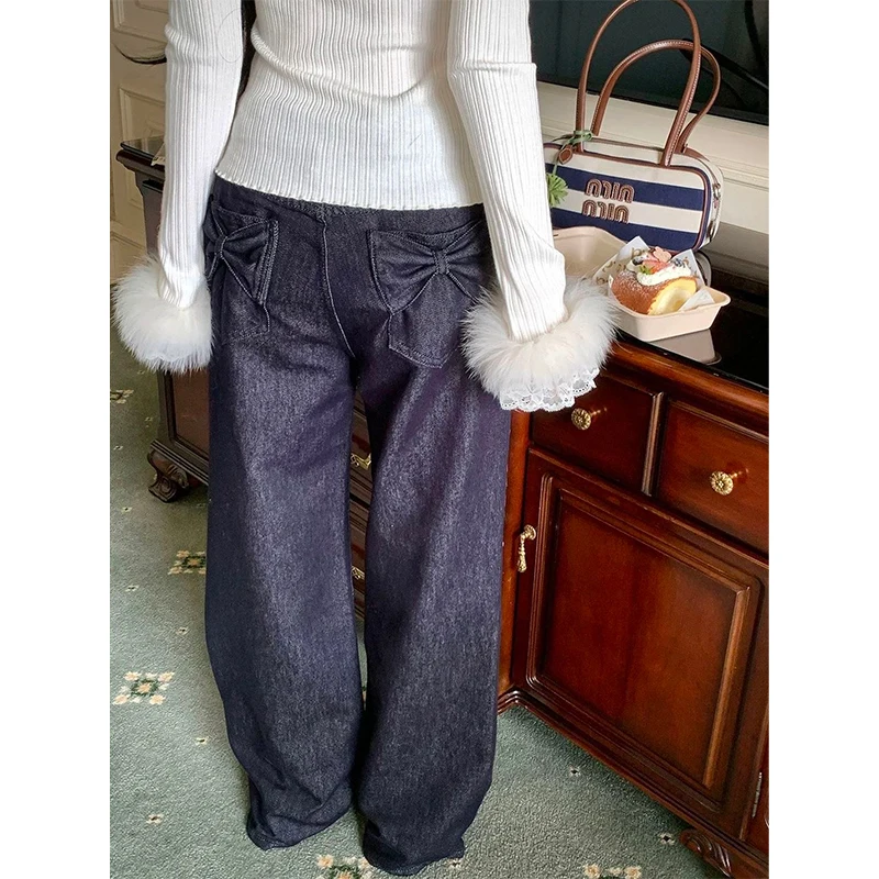 Pantalones vaqueros Y2k con diseño de bolsillo y lazo Vintage para mujer, pantalones vaqueros de pierna ancha rectos holgados Retro americanos, ropa de calle, pantalones informales