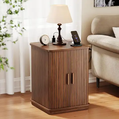 Walnut Charging Station Nightstand with Sliding Door for Small Spaces, Living Room, Bedroom