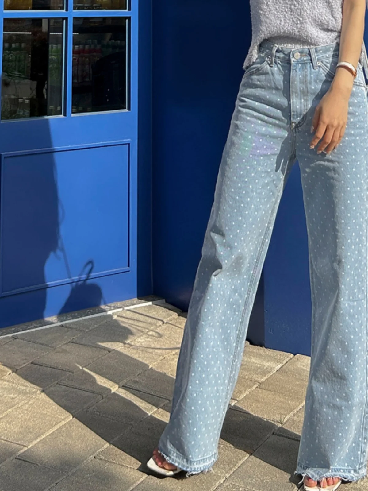 

High Waist Wide Leg Denim Jeans Women's Chic Autumn Vintage All-Match Slimming Color Blo Design Tassel Hemming Jeans
