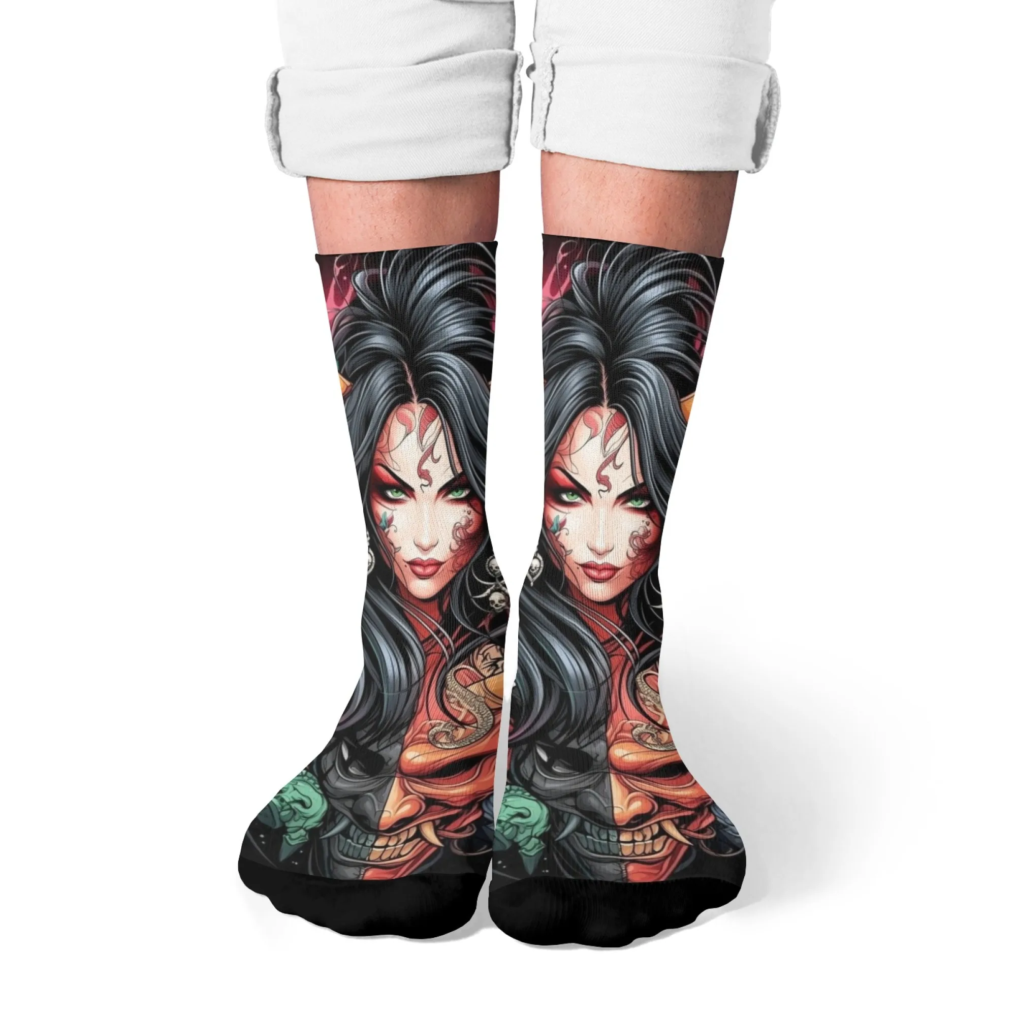 

The Orient Dark-style Crew Socks with Female Image & Skull Snake Elements Gothic for Dark Aesthetic Lovers & Ritual Gatherings