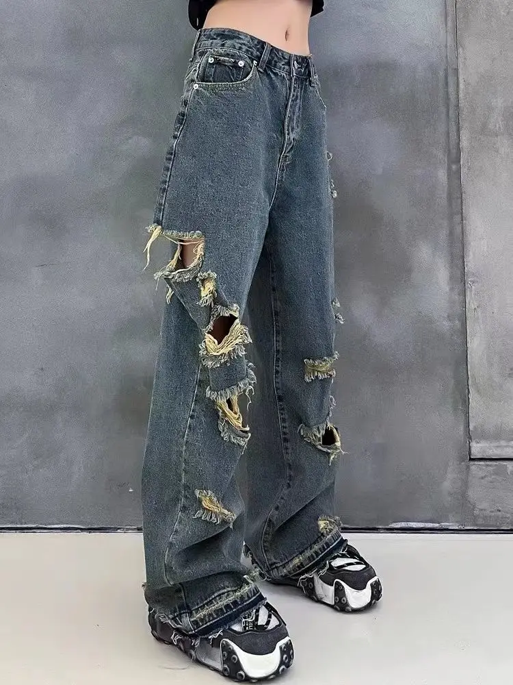 2022 New Korean Large Casual Fashion Straight Leg Jeans in Spring and Summer Loose Skinny Wide Leg Jeans with Holes