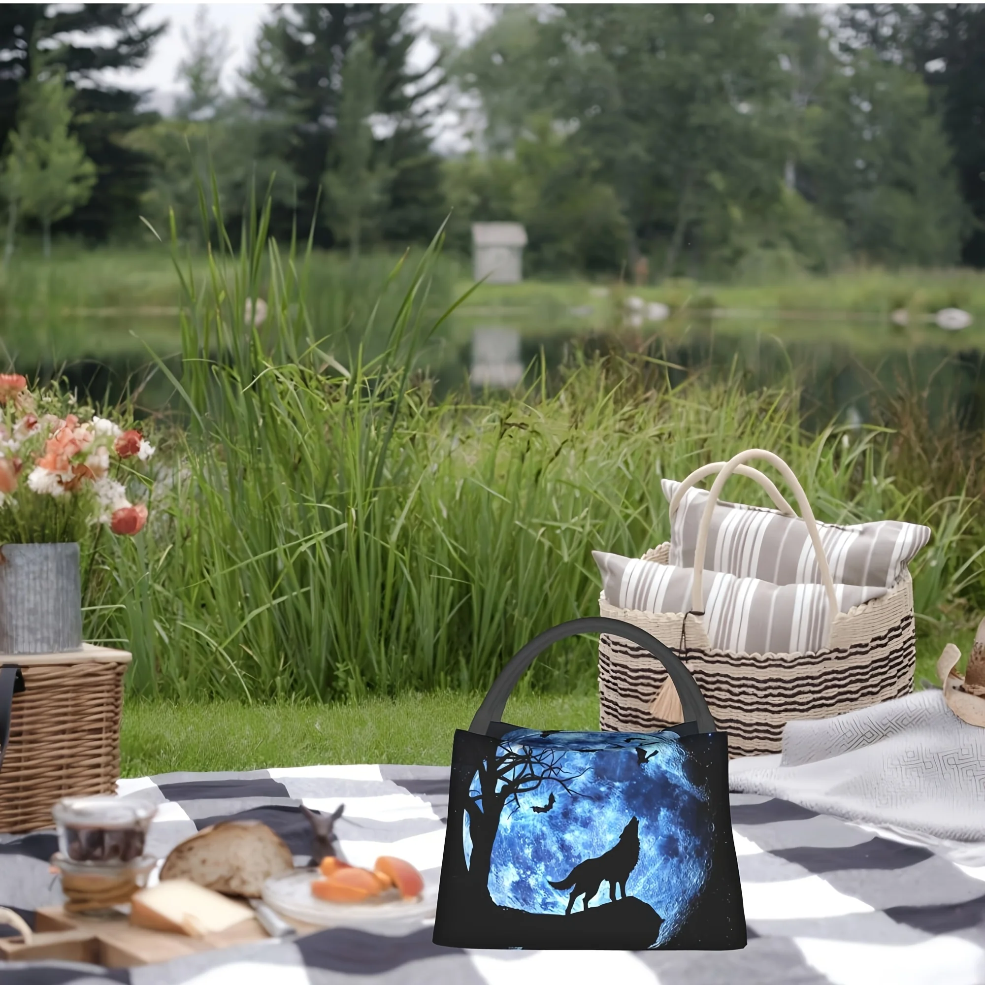 قطعة واحدة من نمط الذئب تحت القمر، حقيبة مبردة محمولة وقابلة لإعادة الاستخدام، حقيبة غداء معزولة، يجب اقتناؤها للتخييم على الشواطئ