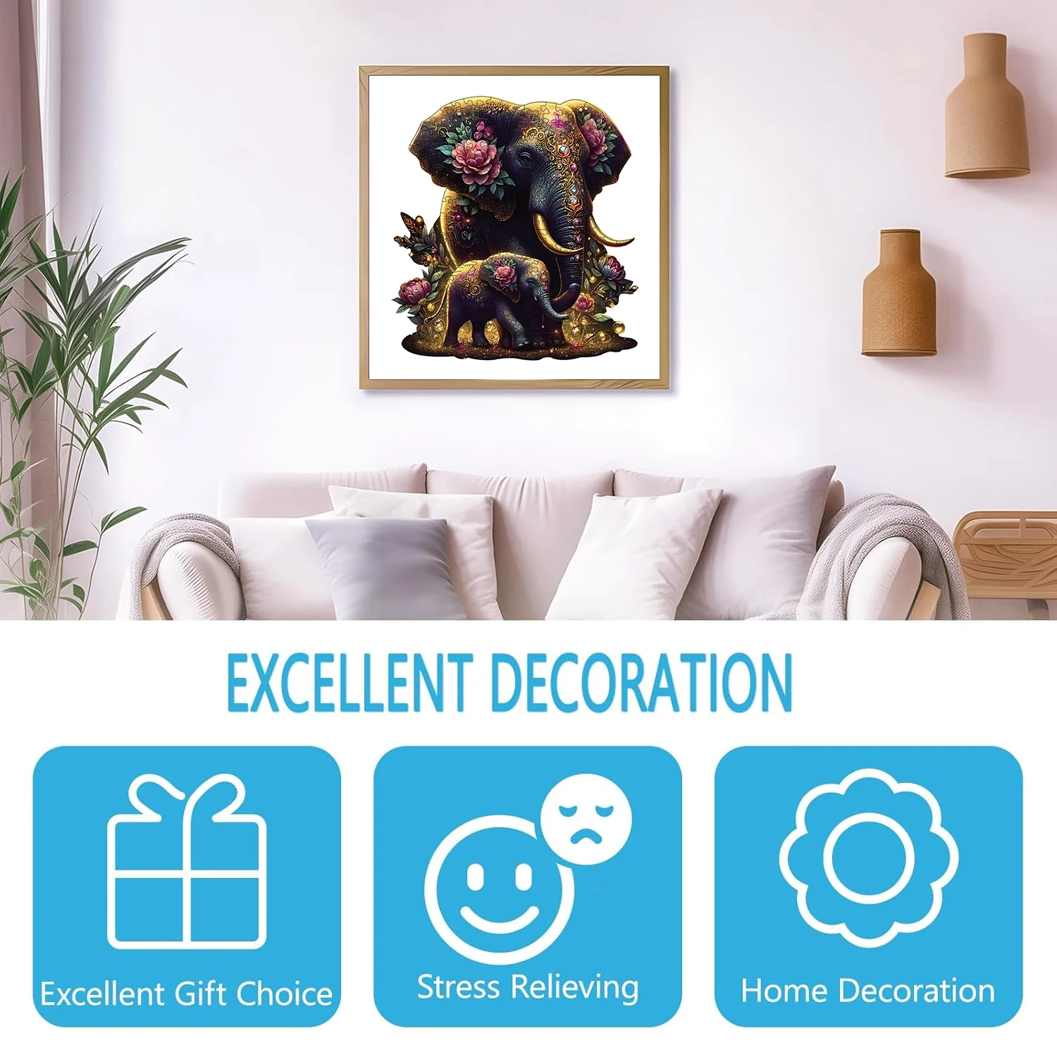 Elephant Wooden Puzzle, Unique Shaped Pieces Wooden Jigsaw Puzzles for Adults, Ghristmas Gift Family Game Home Decor