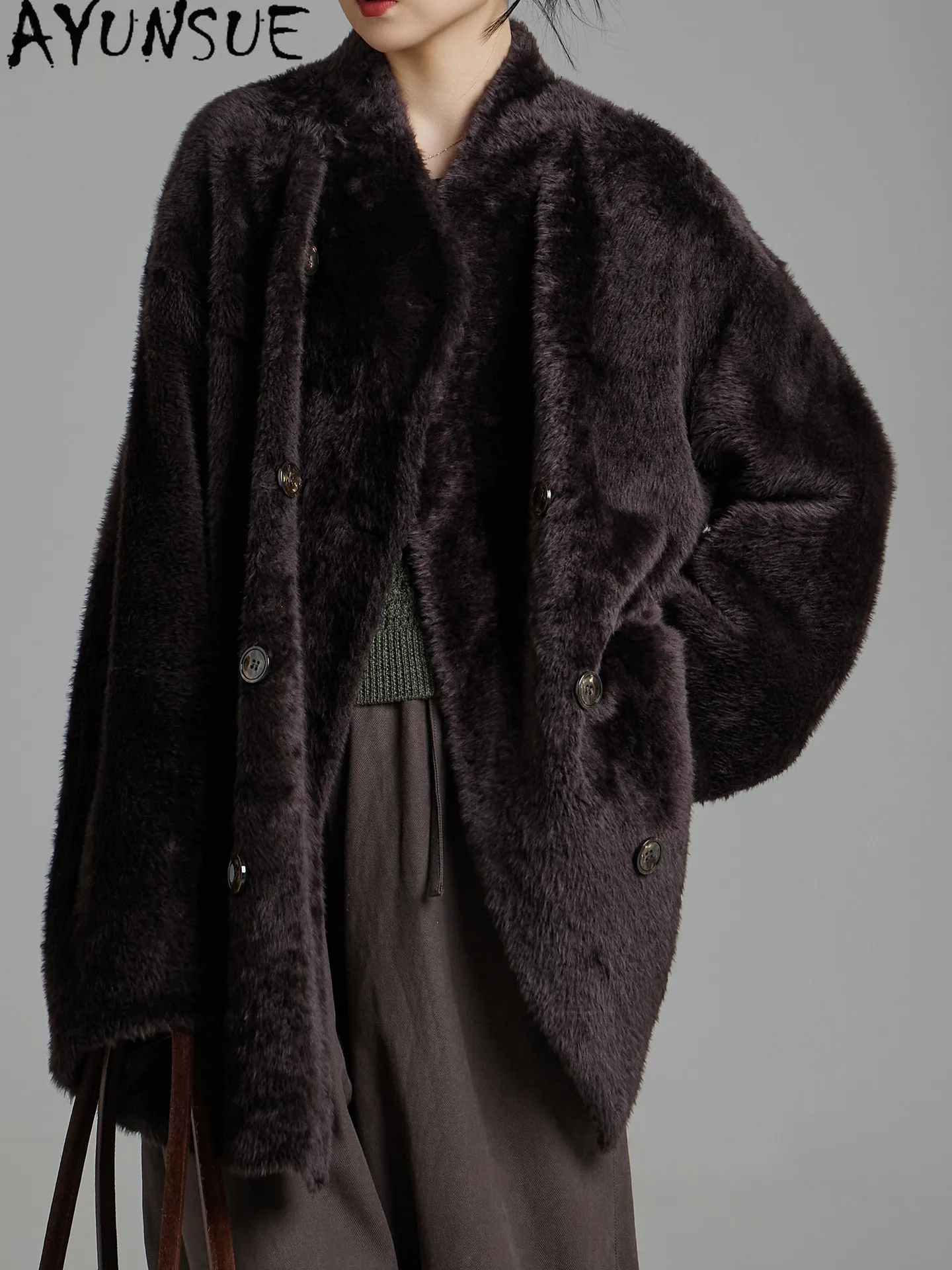AYUNSUE Natural Merino Sheep Fur Coat Women Mid-length Real Leather Jacket Woman Winter Clothes Luxury Loose Fit Шуба Женская