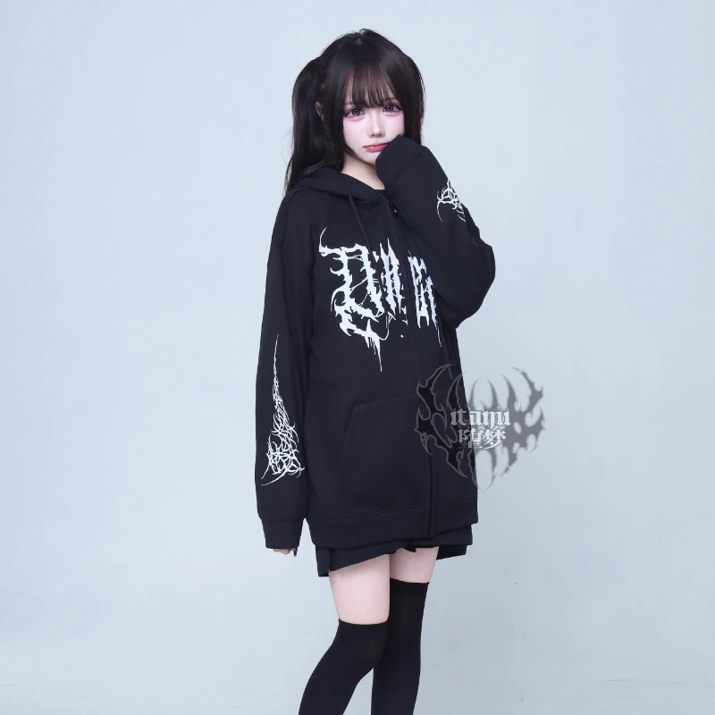 Subcultura menina escura doce legal moda moletom com capuz primavera outono 2025 estudante bonito impressão solta magro zip cardigan jaqueta