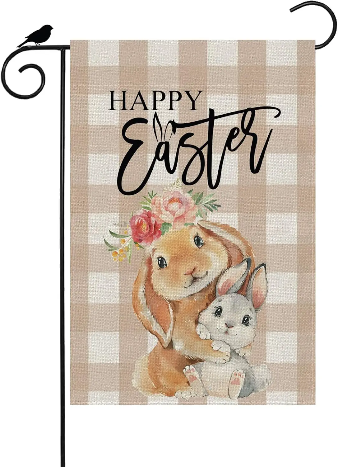 Happy Easter Garden Flag Brown plaid Rabbit Bunny Small Burlap 12x18 Inch Mini Vertical Double Sided Outside Yard Holiday Outdoo