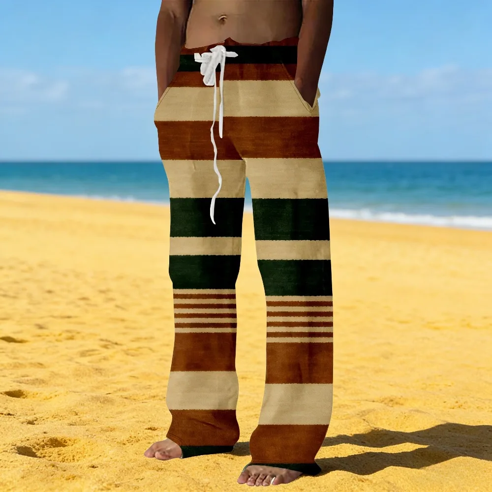 

Полосатые повседневные широкие брюки с геометрическим рисунком, классические мужские пляжные брюки в стиле ретро, свободные брюки с эластичной резинкой на талии, новая модная уличная одежда