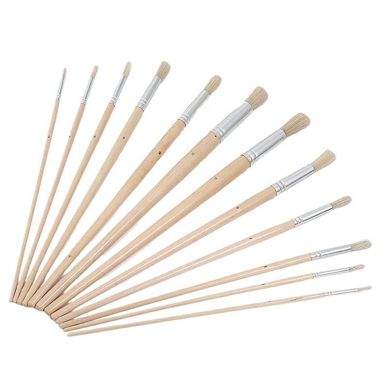 12Pcs Oil Brushes Round Head Pig Bristle Hair Acrylic Art Brushes Long Wood Rod Painting Brush Artist Supply