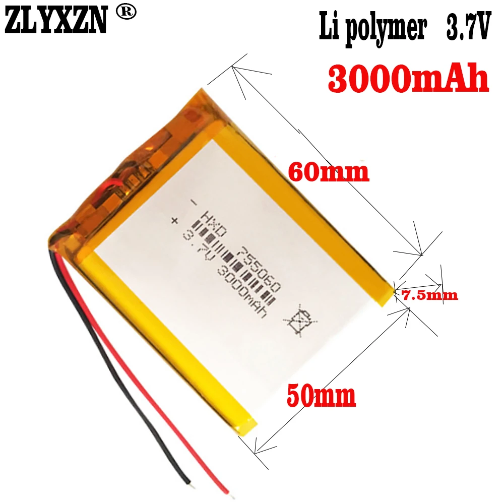 1-10pcs 3.7V 3000mAh 755060 Li Polymer Rechargeable Batteries For DVD GPS Power Bank Camping Lights PC Laptop Replacement Cells