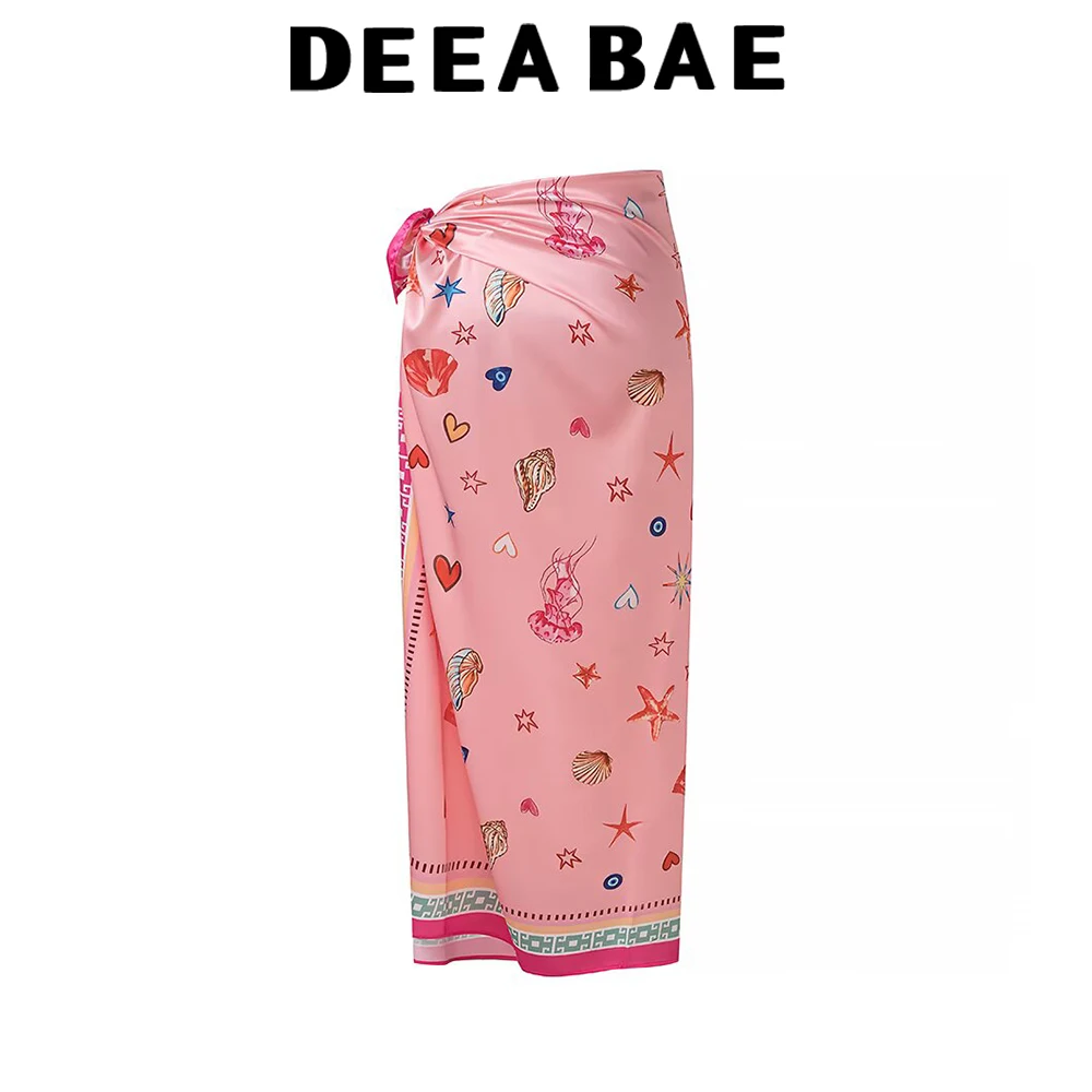 DEEABAE Summer women's beach vacation style loose fit side waist lace up long double breasted printed skirt