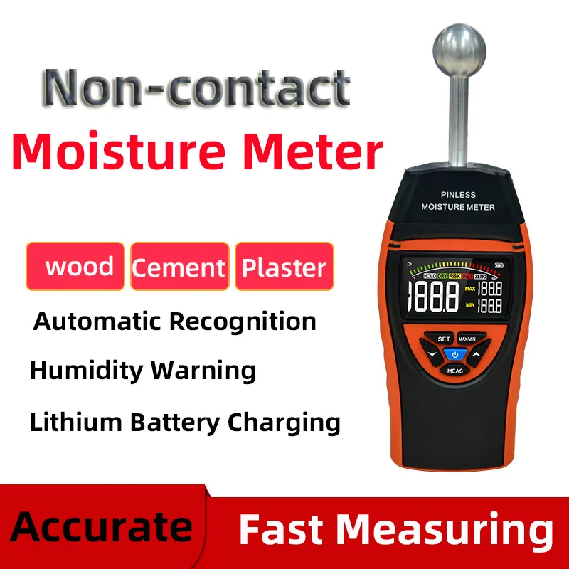 

Pinless Moisture Meter with Ball Probe & Color LCD, 0-70% RH, Alarm for Wood Walls Concrete Masonry