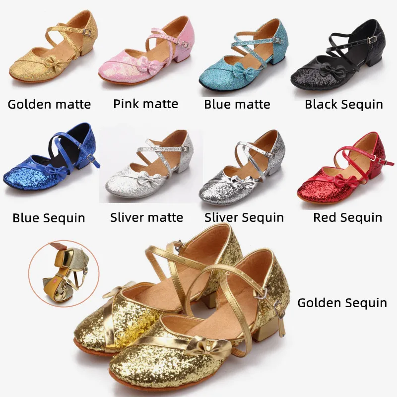 Glitter Bow Closed Toe Latin Dance Shoes Kids Girls Children Women Ballrrom Tango Low Heels 3.5CM Dancing For Ladies Salsa Shoes