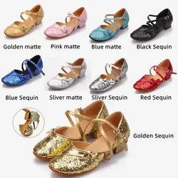 Scarpe da ballo latino con punta chiusa con fiocco glitterato bambini ragazze bambini donna Ballrrom Tango tacchi bassi 3.5CM danza per scarpe da Salsa da donna