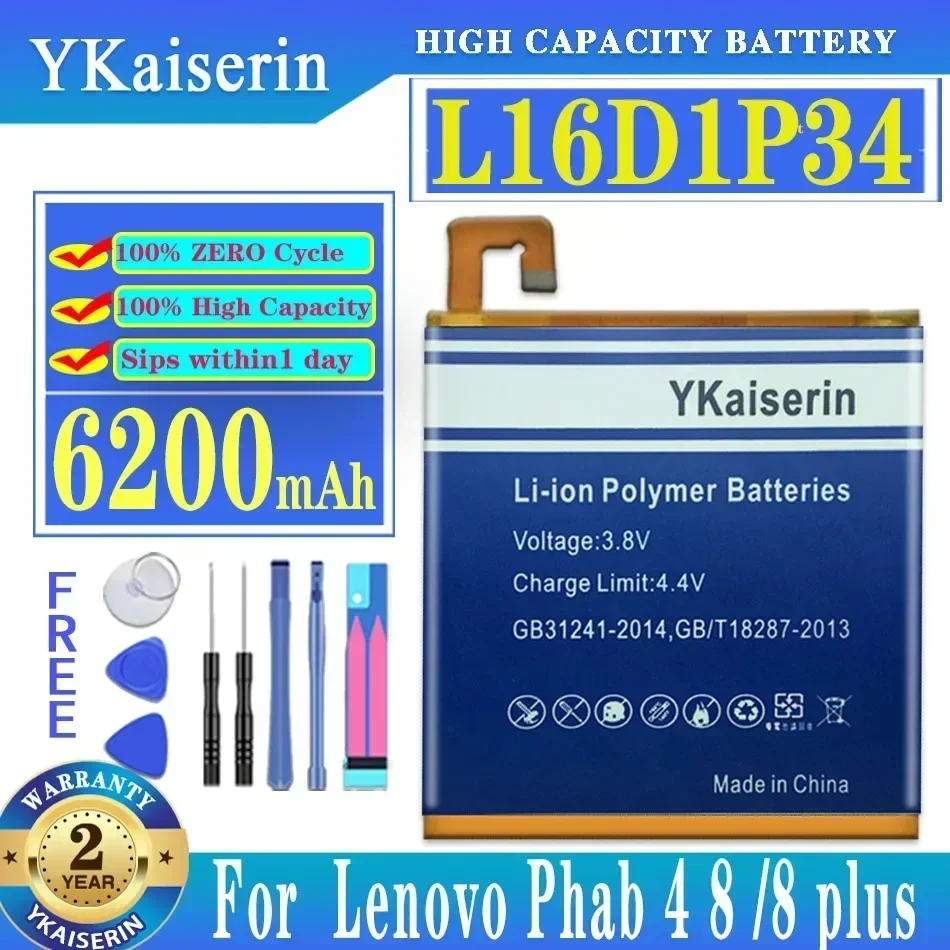 YKaiserin 6200mAh L16D1P34 Replacement Battery For LENOVO TAB4 8 TB-8504N TAB4 8 Plus Li-ion Bateria Li-Polymer Batterie