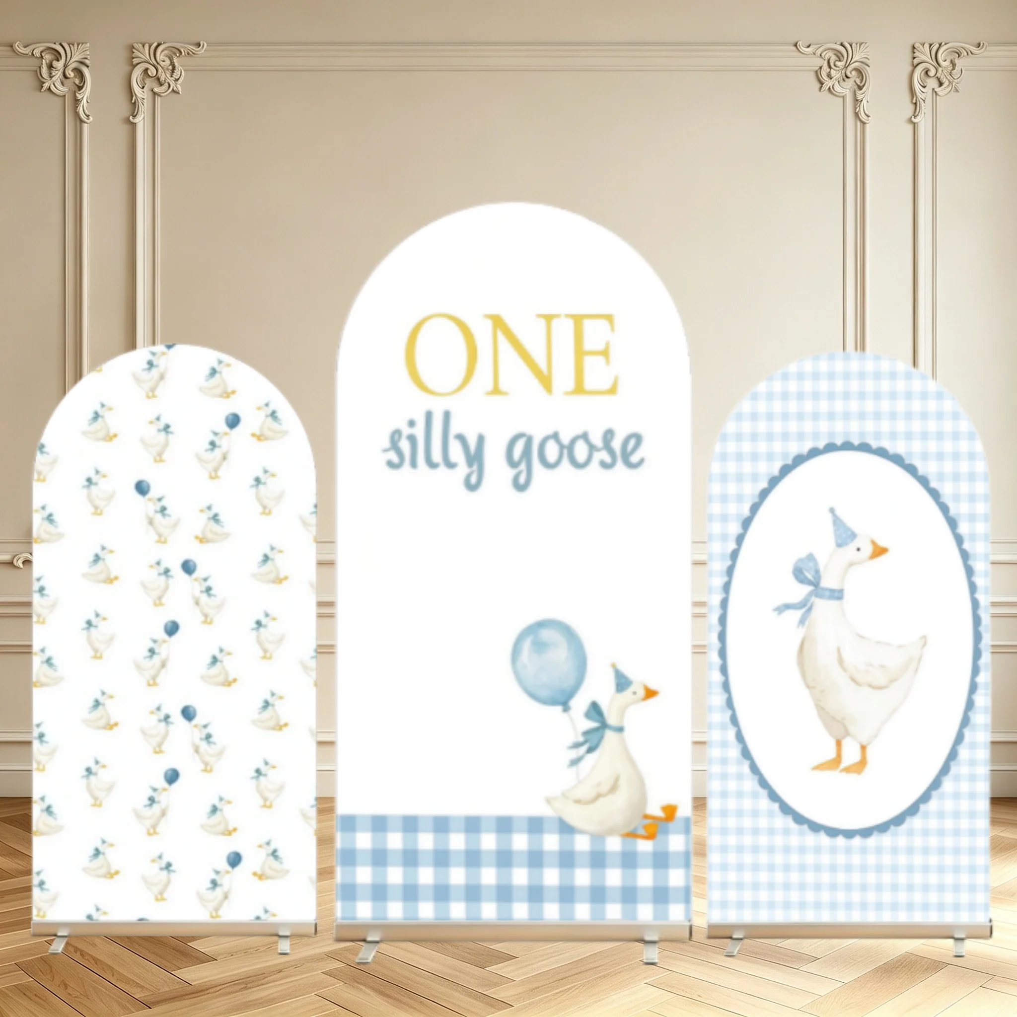 Silly Goose 1st Birthday Arch Backdrop Cover Blue Plaid Cute Duck Baby First Birthday Party Decoration Double Sided Arch Covers