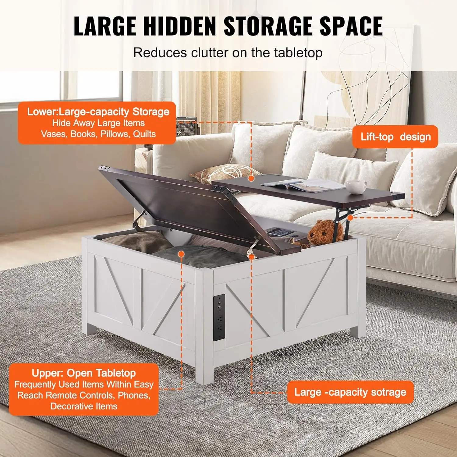 36" Farmhouse Coffee Table, Hinged Lift Top Square Coffee Table with Built-in Power Strip, Wooden Rustic Cocktail Table for