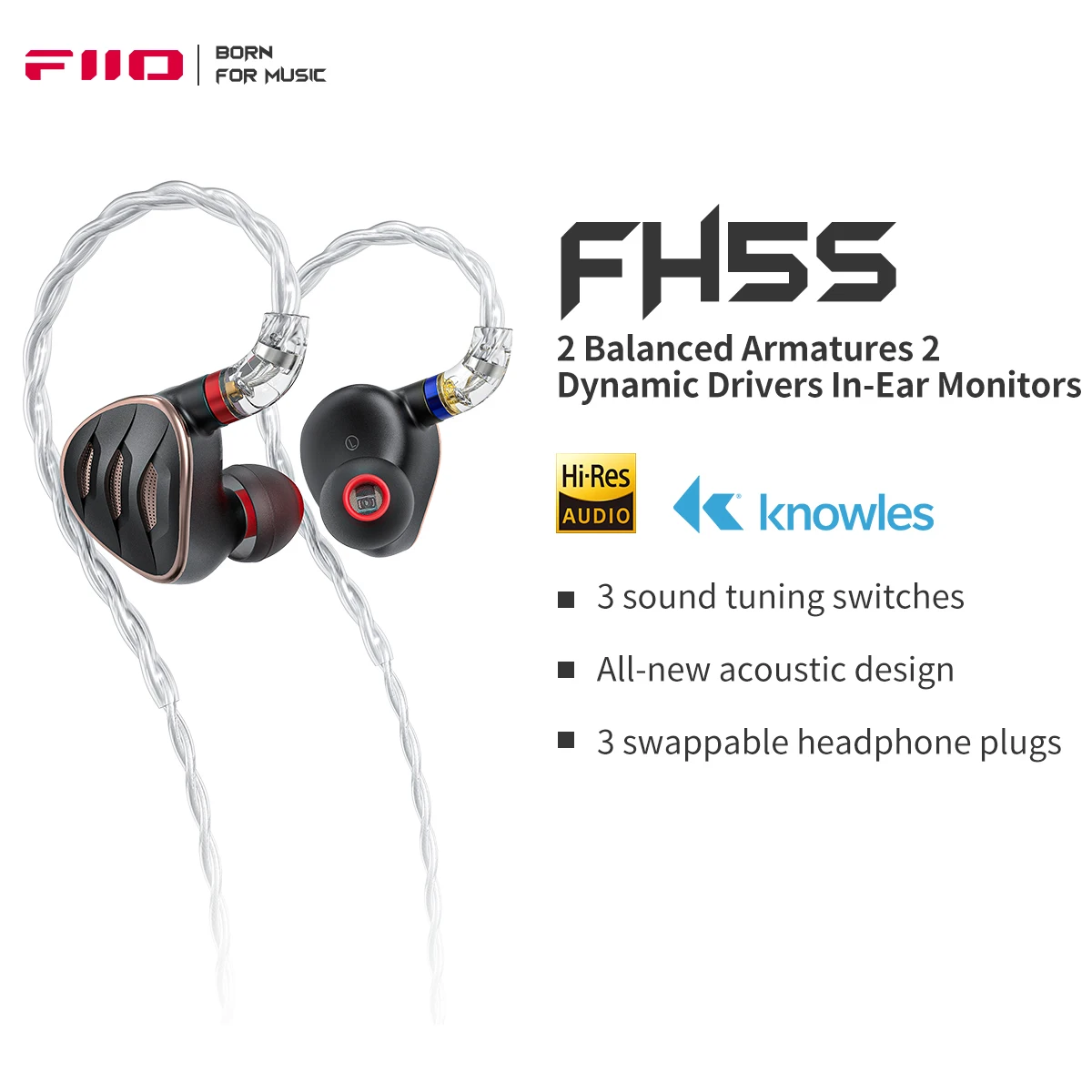 FiiO FH5s 2024 2BA + 2DD in-ear oortelefoon/hoofdtelefoon HiFi basgeluid High Fidelity voor smartphones/PC