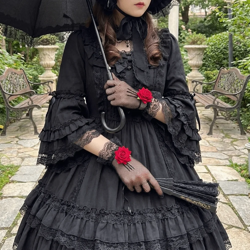 Vintage Rose Flower Fishnet Gloves Thin Hollow Out Mesh Mittens Gothic Breathable Bridal Gloves Dance Costume