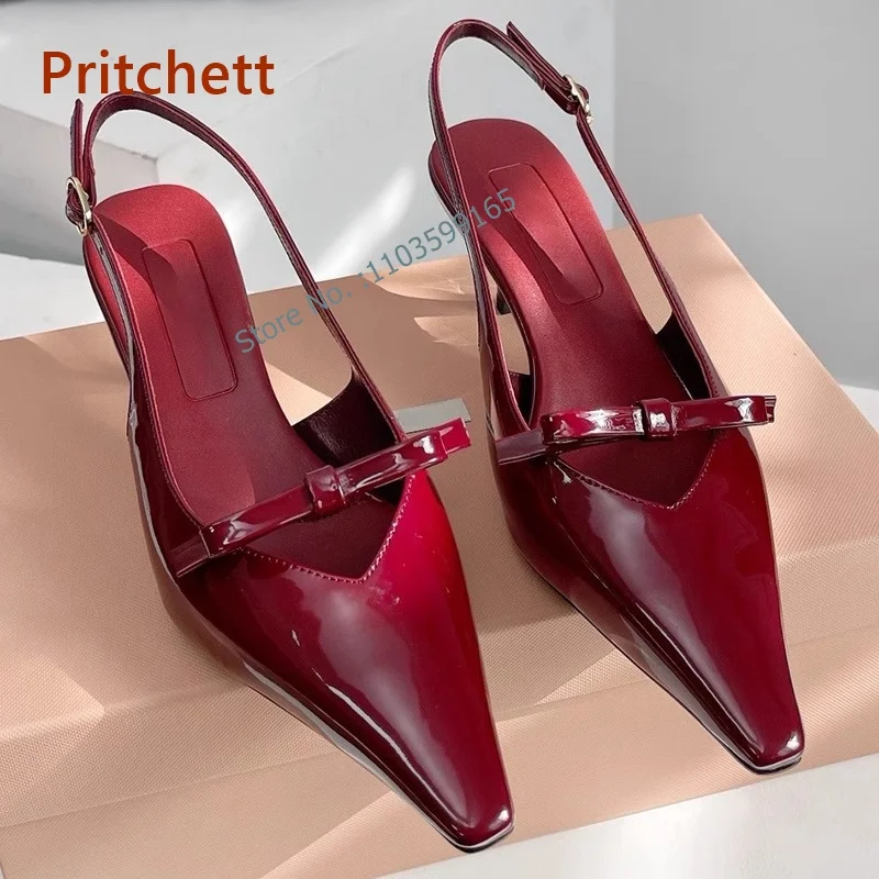 Bombas Toe Pointy com nó borboleta para mulheres, salto fino, sandálias rasas, couro envernizado, alça de fivela, sapatos Slingback, monocromático, Borgonha