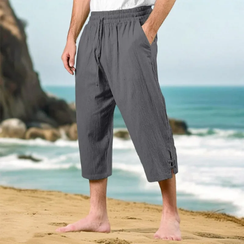 Men's Pants Casual Summer Waist Drawstring Multi-pocket Linen Cropped Pants Beach Pants