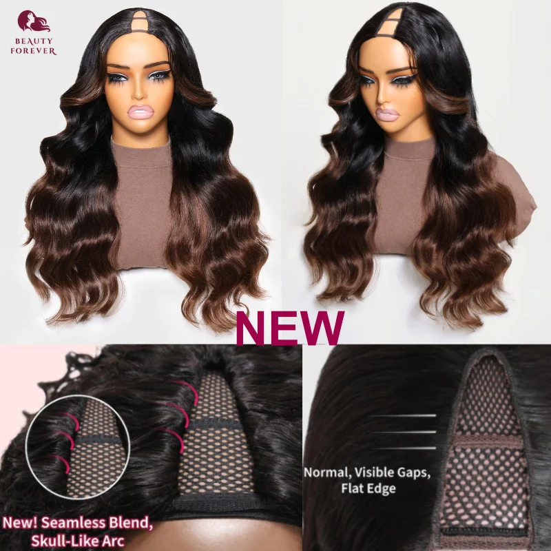 Beauty Forever Upgrade Highlight Brown V Part Wig Human Hair Body Wave U V Part Human Hair Wigs Thin Leave Out Density 180%