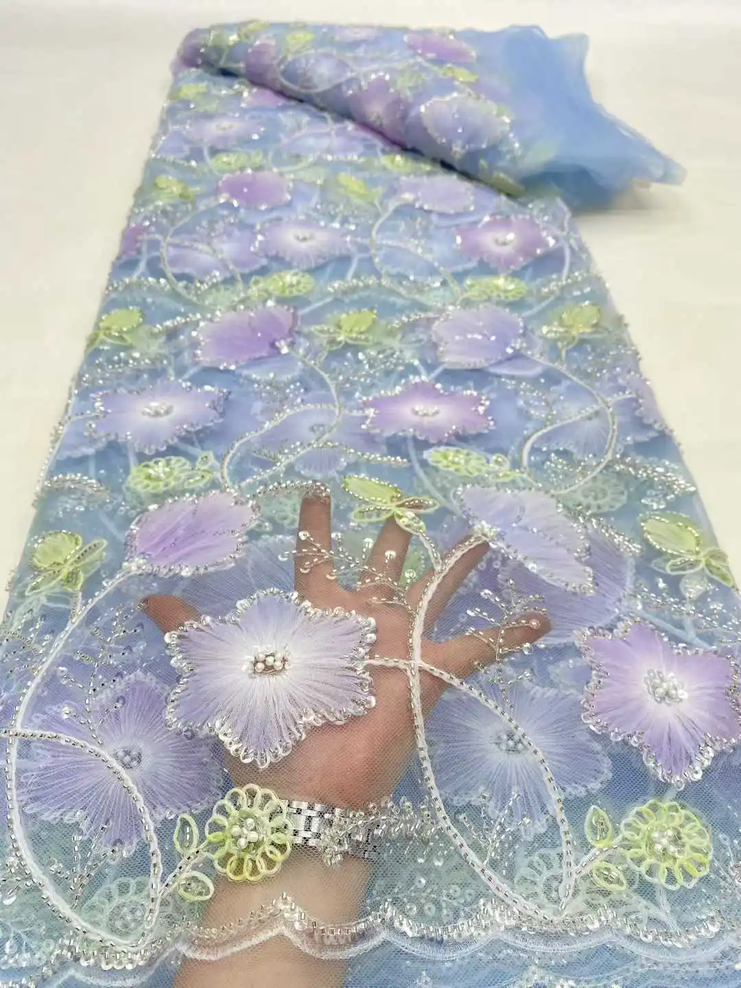 

Nigerian Lace Fabrics 2025 Sky Blue Sequins Lace Fabric Green 3D Flower Beaded Embroidery Lace Fabrics For Dress Sewing KB5150
