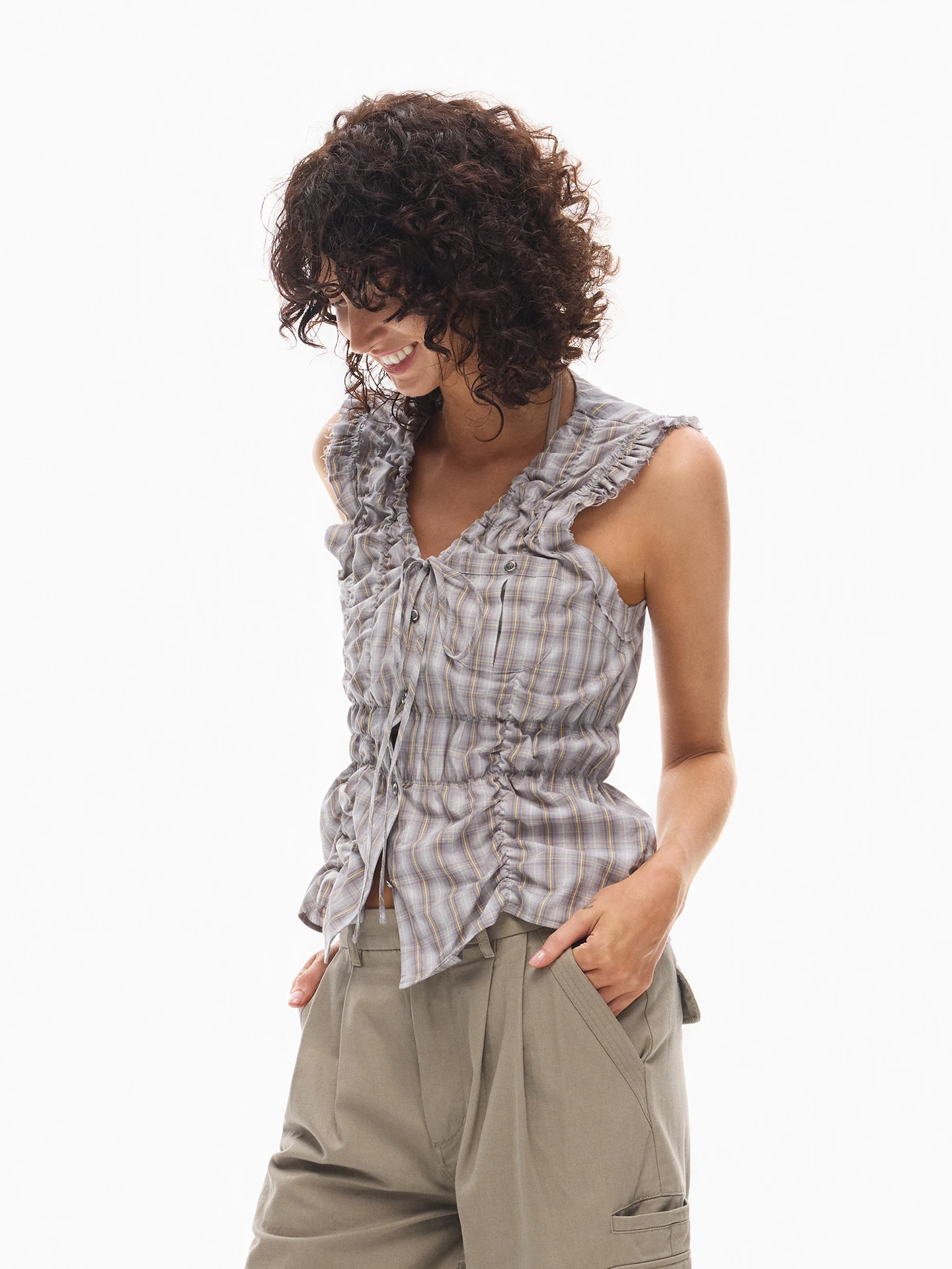 

Женский модный топ-жилет Interris из чистого хлопка с плиссировкой, в стиле ретро, в клетку, асимметричный, без рукавов, на резинке, с поясом, весна-лето