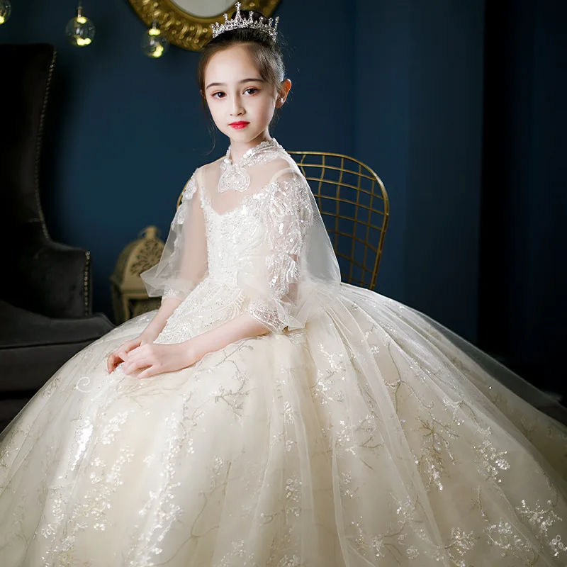 

Girls' Dress New Wedding Dress Little Girl Model Tailing Catwalk Performance Evening Dress Champagne Color Piano Performance Dre