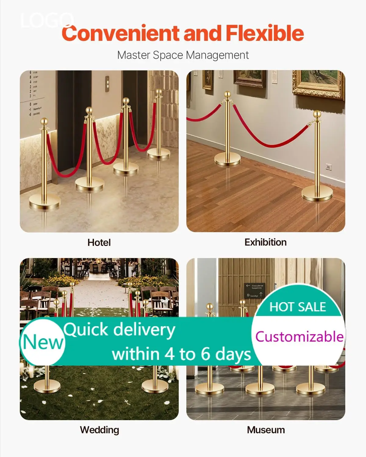 Stanchions and Velvet Ropes 8Pcs, Hollow Base with Stainless Steel Post, 6 Red Velvet Ropes and Posts,Red Carpet Runner Poles