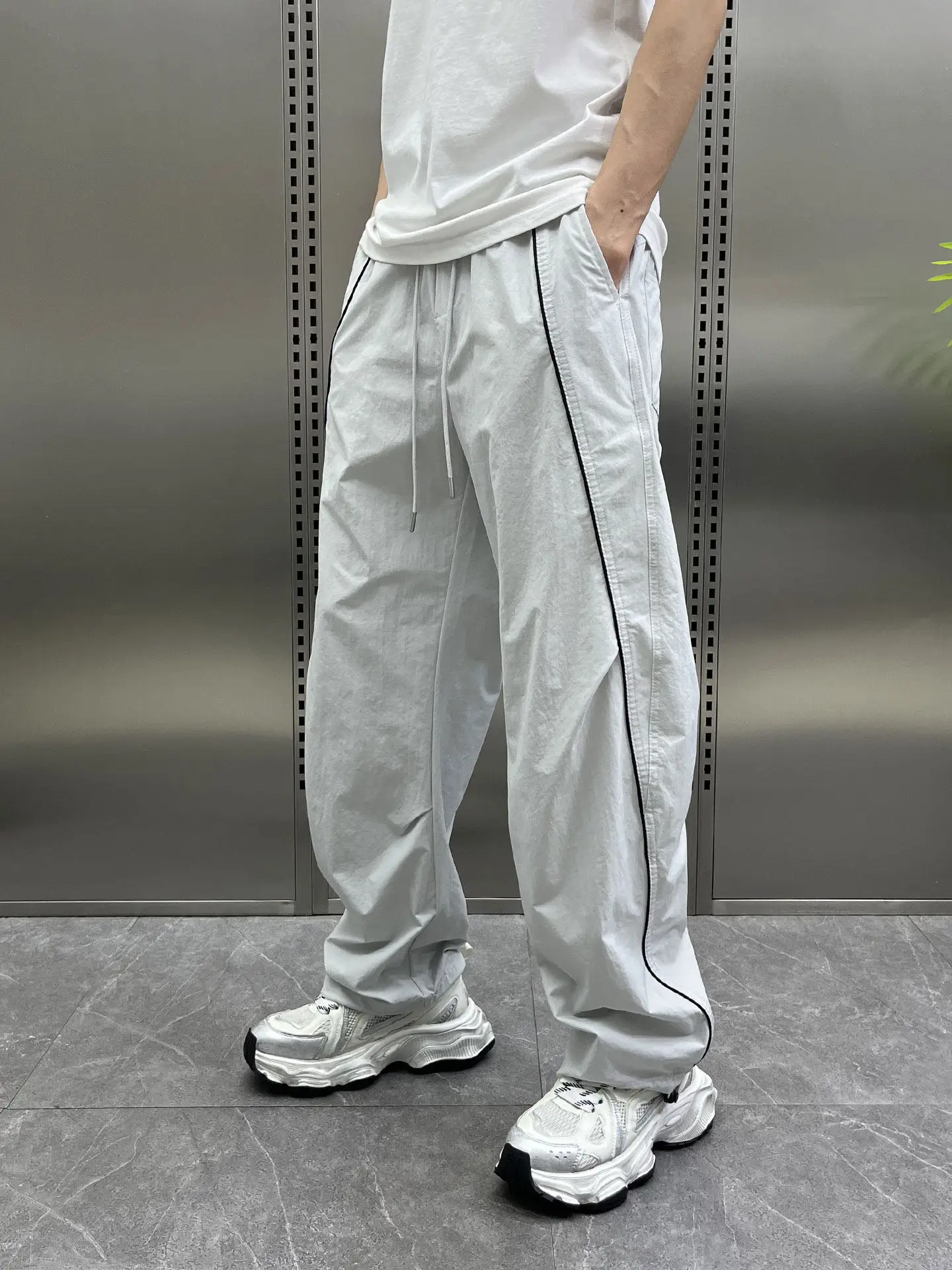 

Casual Stripe Wide Leg Pants Men's Lightweight Summer New Style Loose Fit Straight Leg Trousers Comfortable Polyester Fiber