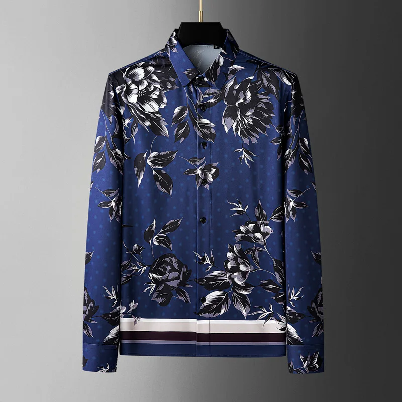 

High Quality Floral Printed Shirt for Men Long Sleeve Non Ironing Casual Shirts Slim Fit Social Business Formal Dress Shirts