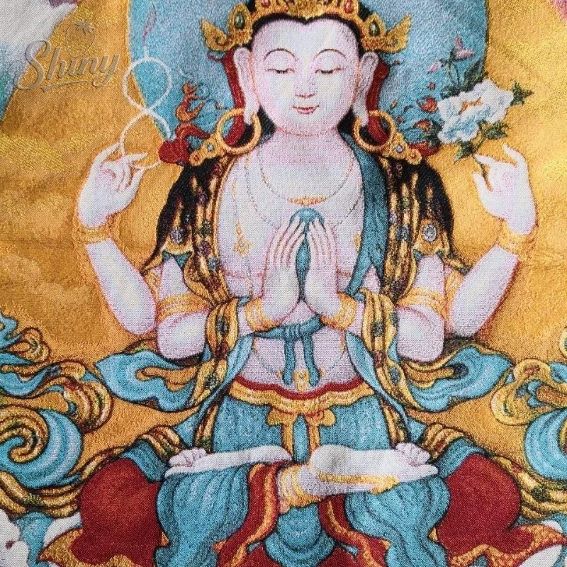35.4″ Four-Armed Avalokiteshvara Bodhisattva Brocade Tibetan Tangka Embroidery Painting Gold Thread