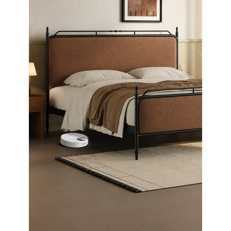 ULLLO Star Bed Wrought Iron Retro Home Master Bedroom 1.8m Medium Ancient Style Double High Backrest Thin Bedside