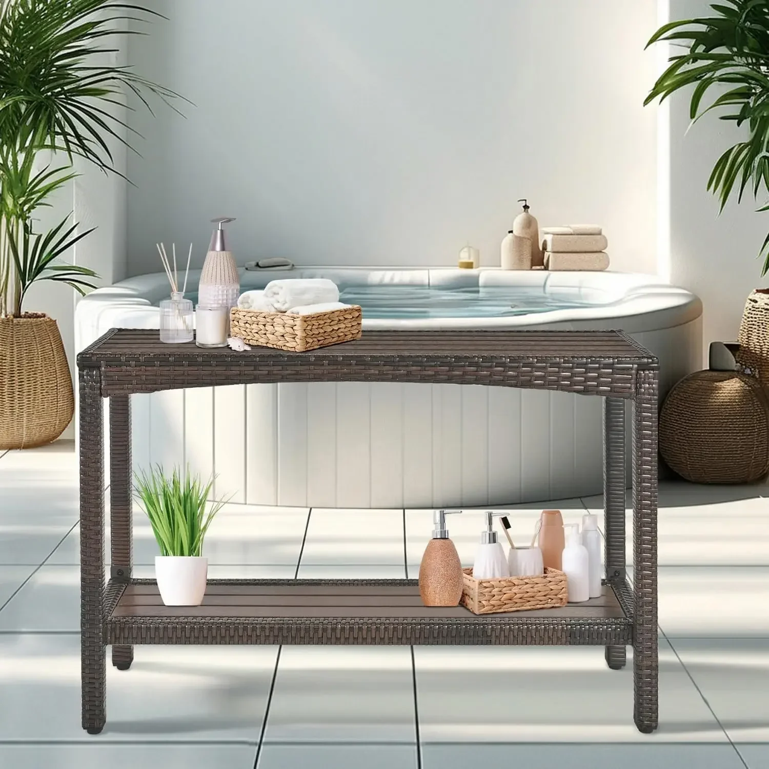 [Best Seller, Buy Now!]Premium Outdoor Console Table Patio Buffet Bar Storage Organizer 45" Long Wicker Sofa Serving Sideboard T