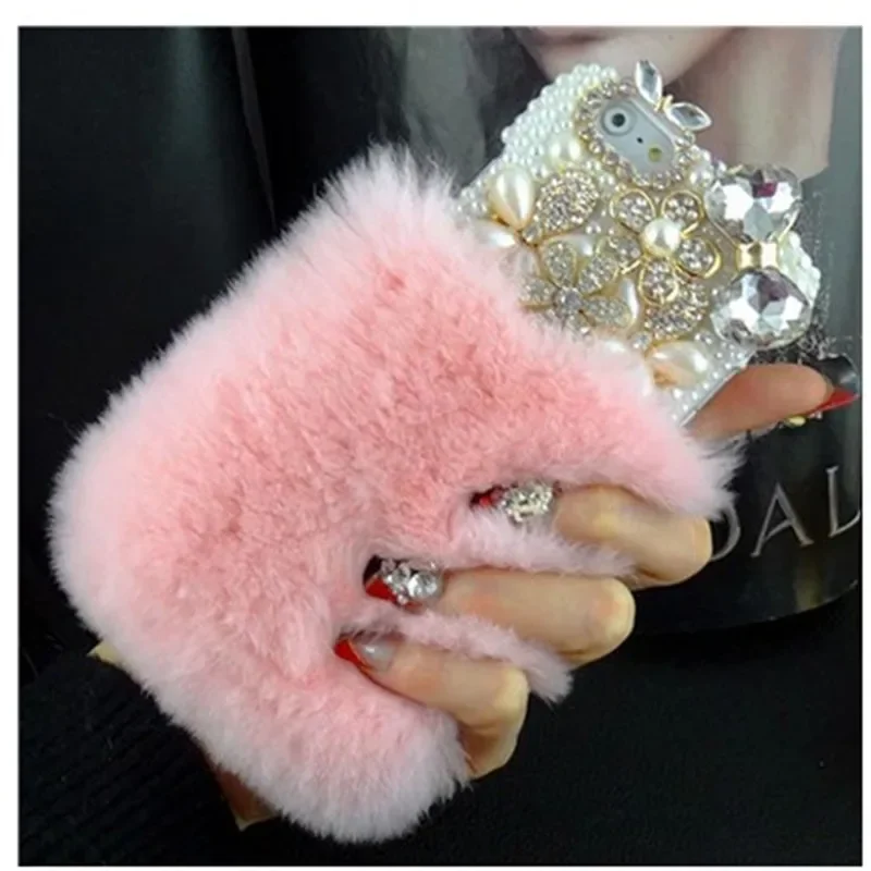 Luxury Bling Pearl Bowknot Flower Phone Case, Warm, Soft, Bear, Rabbit Fur,For iPhone 14, 13, 12, 15 Pro Max, XS, XR, 16 Plus