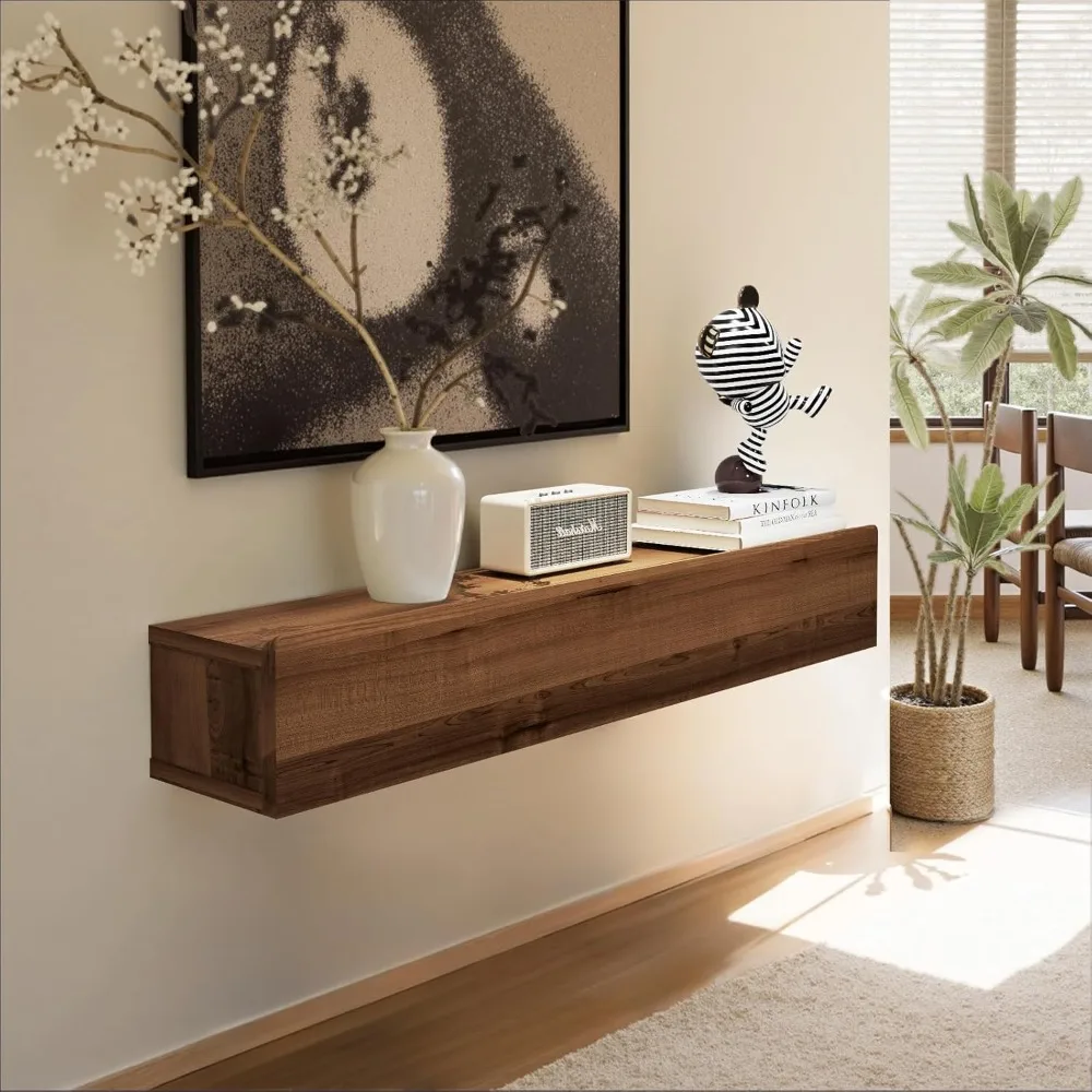 Table Console d'Entrée en Bois Massif flottant, Table d'entrée étroite montée sur Le Mur avec étagère de Stockage, étagè