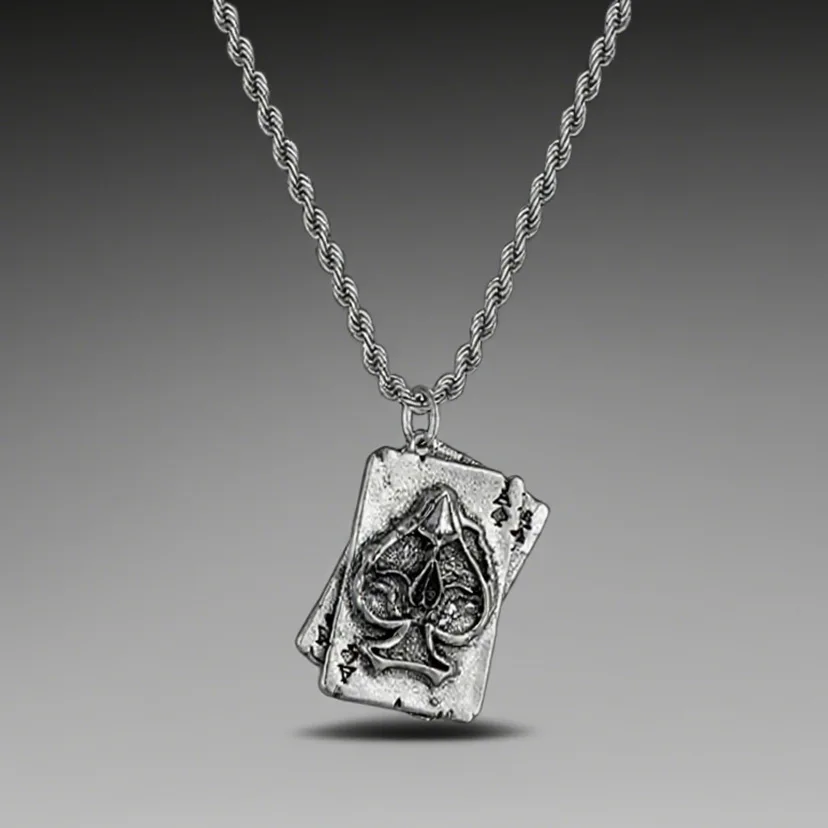 Silver Retro Spades A Poker Necklace, Vintage Skull Pendant, Fashionable, Versatile, High End, Men's and Women's Jewelry