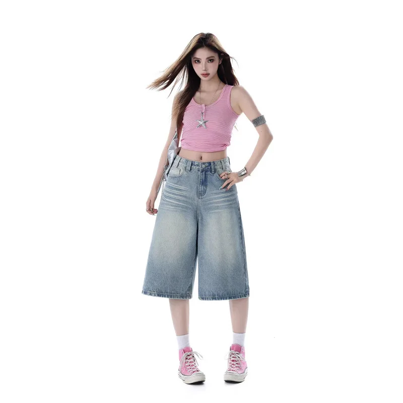

Vintage-colored women's summer denim shorts2026New model of the year: loose-fitting wide-leg casual versatile straight pants