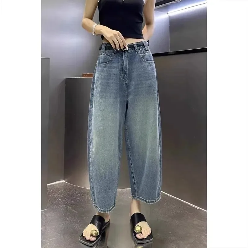 

Женские джинсы из выстиранного денима с высокой талией, широкими штанинами, укороченные, с задними накладными карманами, повседневный уличный стиль