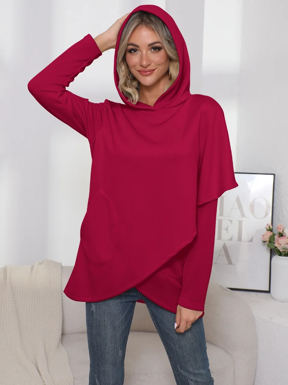 

Oversized Women Loose Pullover Casual Female Hoody Tie Collar Asymmetry Pocket Baggy Streetwear Lady Spliced Hooded Tops Clothes