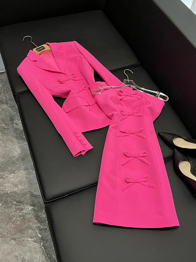 

Faionable Fluorescent Pink Knot Tube Top Dr Suit Jaet A0440JF New Celebri Sle Women's Ensemble