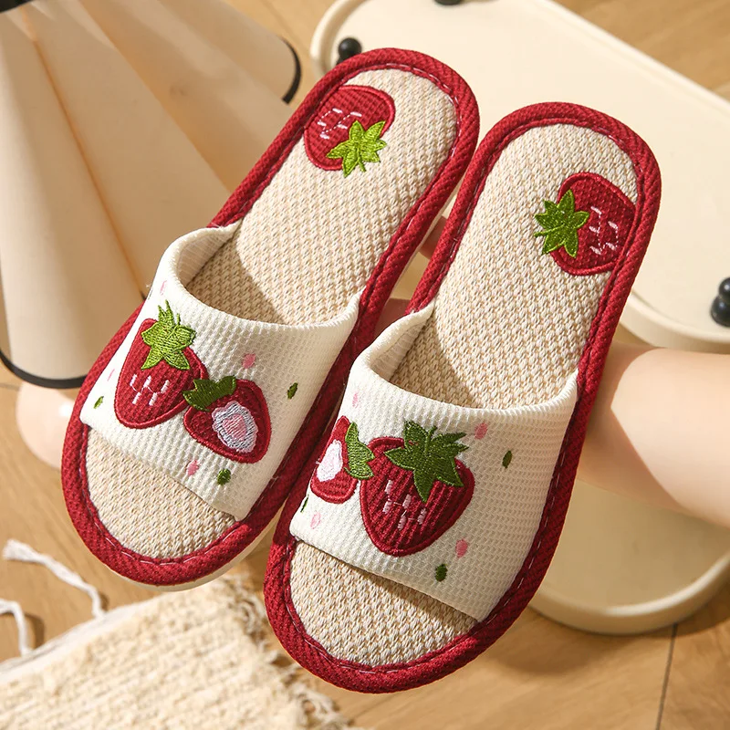 Strawberry Linen Women Slippers Home Open-Toe Designer Summer Girls Indoor Slides Non-Slip Soft Silent Breathable House Slippers view 5