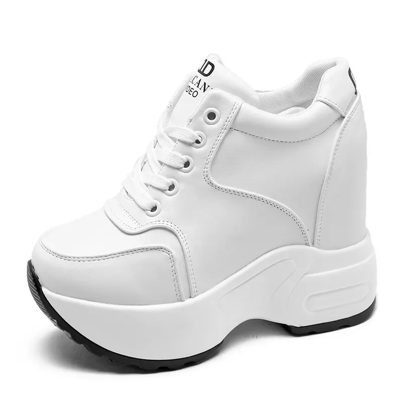 New Women\'s Ankle Boots Autumn Leather Chunky Shoes Woman Platform Height Increased Sneakers 10CM Thick Sole Wedges White Boots