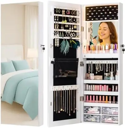 LED Lights Mirror Jewelry Cabinet Wall Mounted or Door-Hanging, 42" Full Length Mirror with Storage, Built-in Makeup