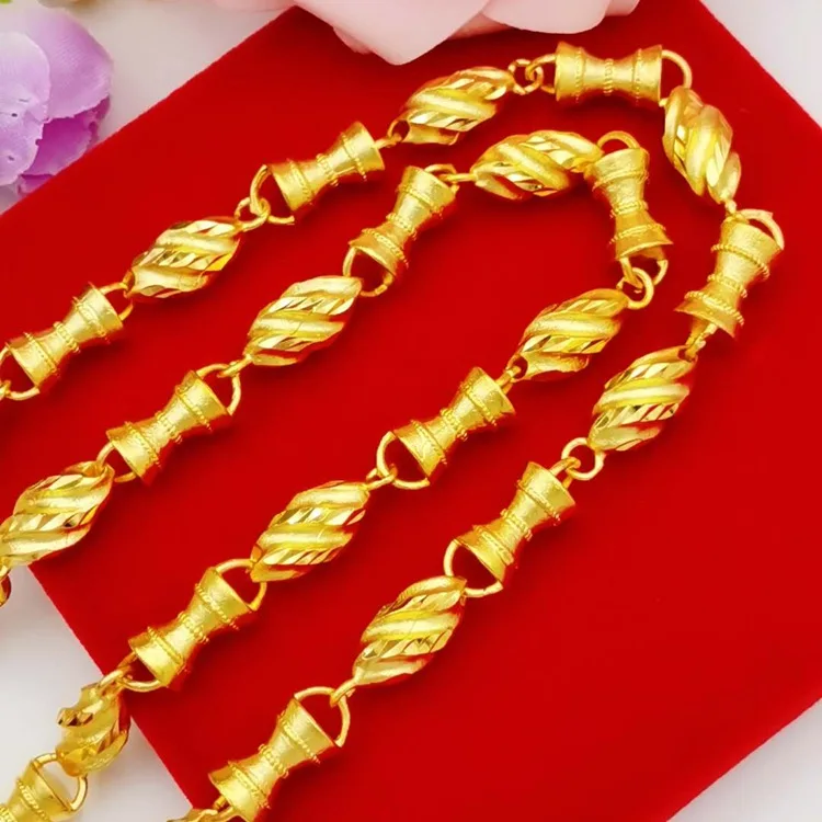 Men's Bamboo & Olive Bead Necklace 24K Gold AU999 - Traditional craft, regular beads, anti-oxidation, for commute & parties