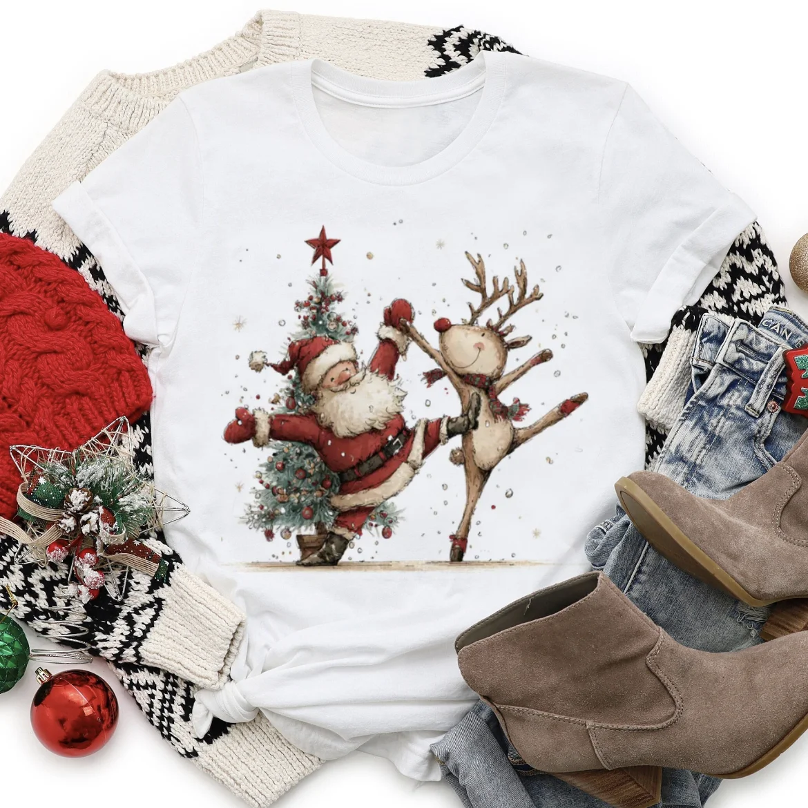 T-Shirt Watercolor Style Women's Casual Print Christmas Reindeer Dancing Christmas Tree Pattern Top Short Sleeved Clothes T-Shir