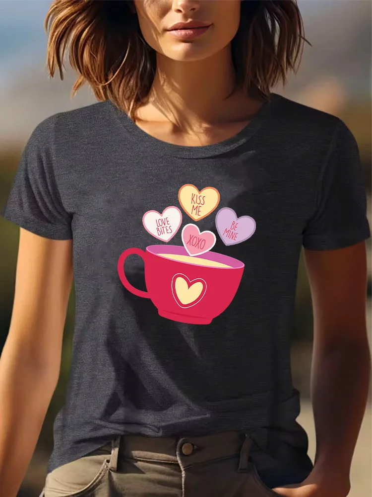 

Kiss Me Xoxo Be Mine Women's Graphic Casual T-Shirt All-Season Wear Short Sleeve Round Neck Gray Tee 180g All-Season Wear