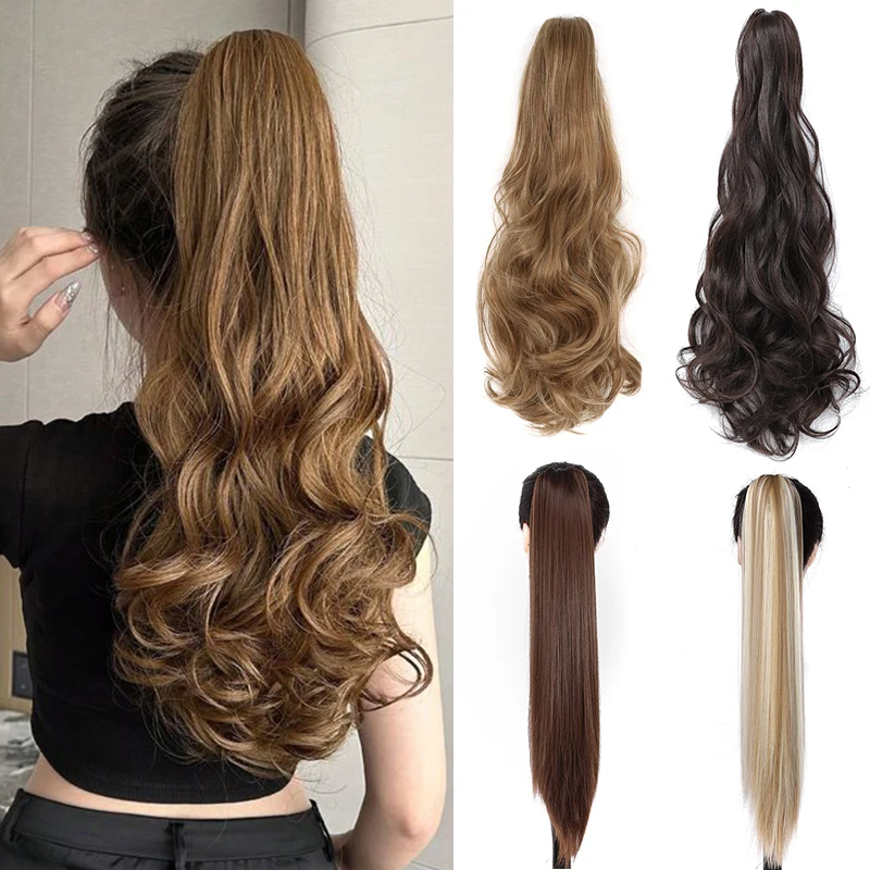 

24 Inch Curly Wave Ponytail Extensions Ombre Blonde Synthetic Claw Clip on Ponytail for Women Long Natural Straight Horse Tail