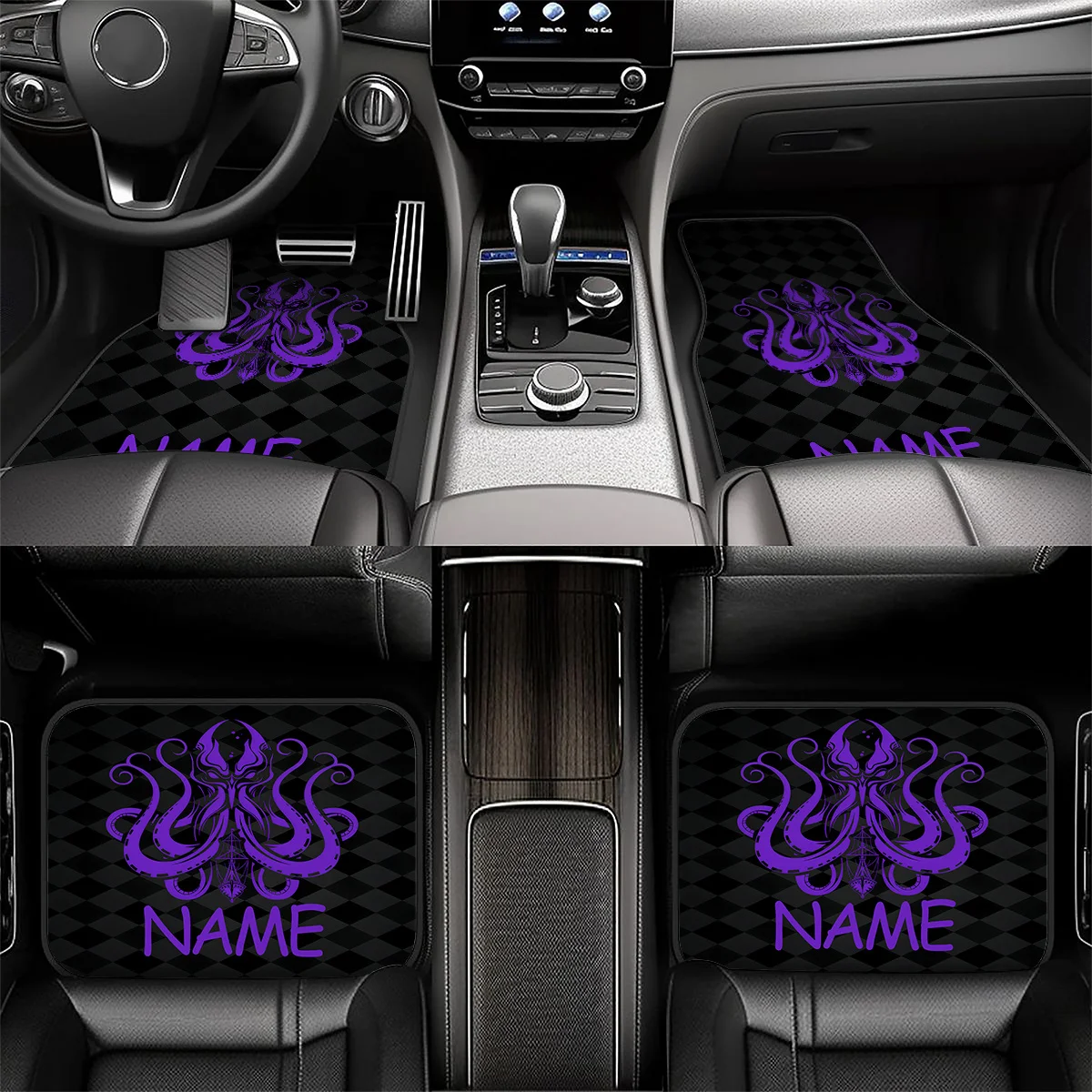 4pcs Customizable Name Car Mats Featuring A Cthulhu Octopus Monster Theme Design - The Perfect Gift For Men/Women - Easy To Clea